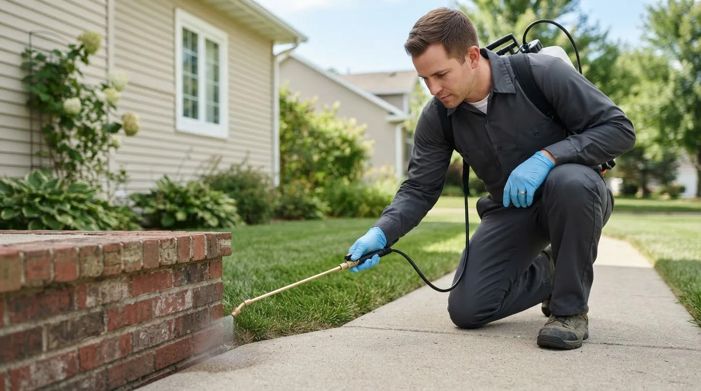 Pest control technician treating a home near Minden, NE