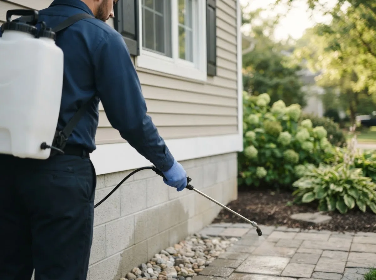 Pest control technician inspecting a home in Minden, NE